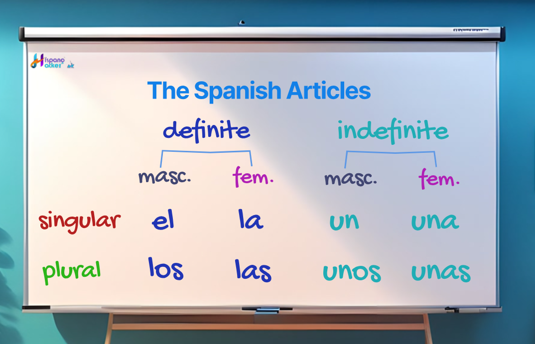 A whiteboard with Spanish articles written on it.